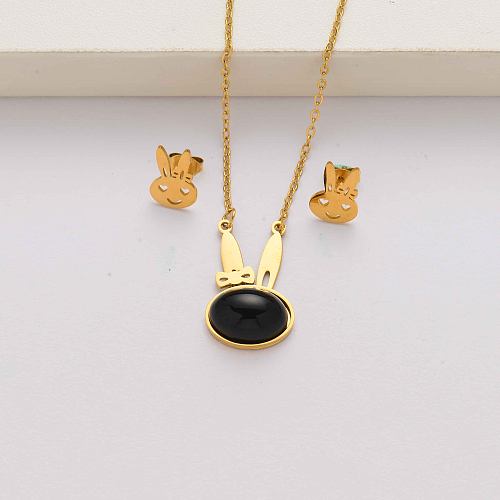 Ensembles de bijoux en acier inoxydable plaqué or 18 carats lapin onyx pour femmes-SSCSG143-34584