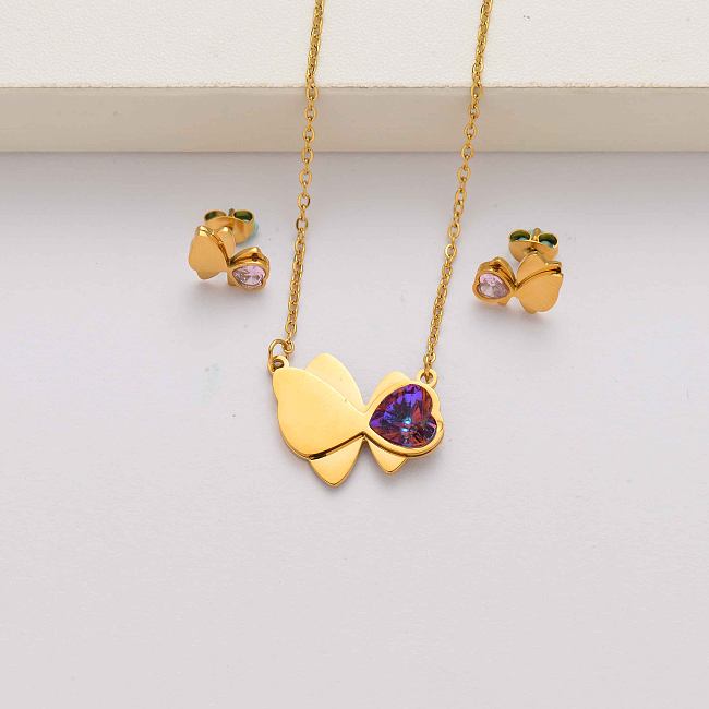 أطقم مجوهرات من الفولاذ المقاوم للصدأ مطلية بالذهب عيار 18 قيراط على شكل قلب فراشة للنساء- SSCSG143-34595