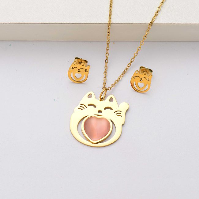 Ensembles de bijoux en acier inoxydable plaqué or 18 carats en pierre naturelle de chat pour femmes-SSCSG143-34563