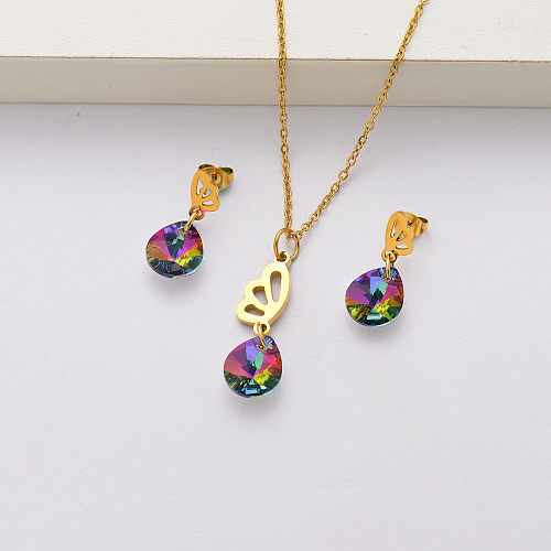 Conjuntos de joyas de acero inoxidable chapados en oro de 18 quilates con cristal de ala de mariposa para mujeres-SSCSG143-34443