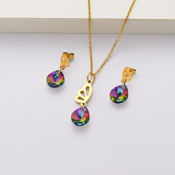 Conjuntos de joias em aço inoxidável banhado a ouro 18k de cristal asa de borboleta para mulheres-SSCSG143-34443