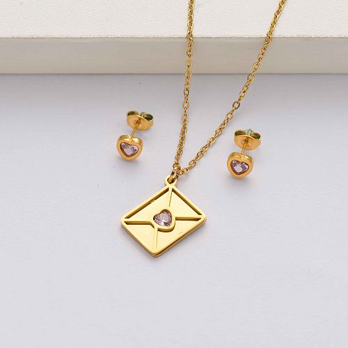Sobres corazón cristal 18k chapado en oro conjuntos de joyas de acero inoxidable para mujeres-SSCSG142-34612