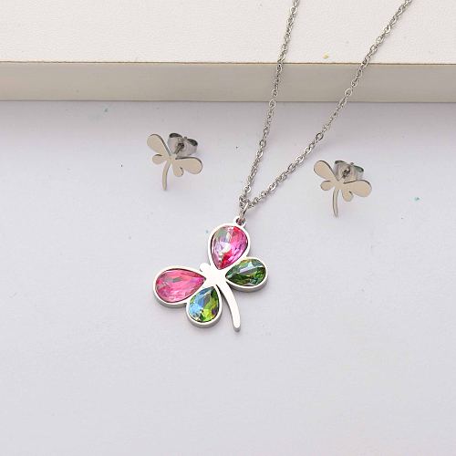 Dragonfly crystal stainless steel jewelry sets for women-SSCSG143-34538