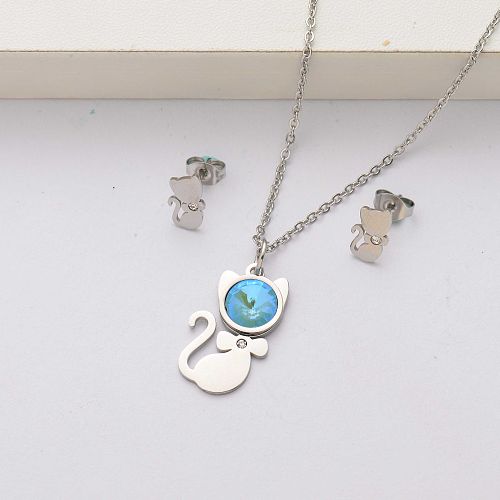 Conjuntos de joyas de acero inoxidable con cristales de gato para mujer-SSCSG143-34530
