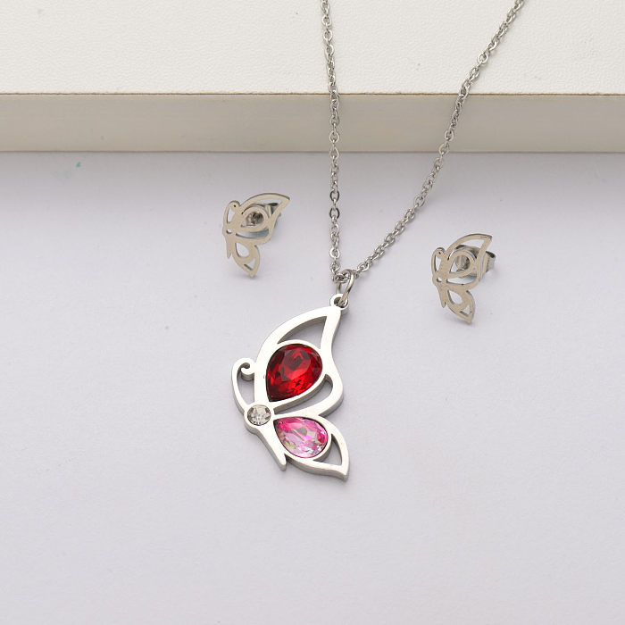 Conjuntos de collar de acero inoxidable con cristal de mariposa para mujer-SSCSG143-34432
