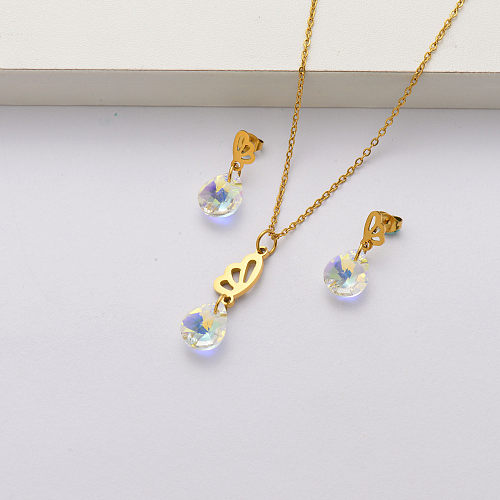 Conjuntos de joyas de acero inoxidable chapados en oro de 18 quilates con cristal de ala de mariposa para mujeres-SSCSG143-34446