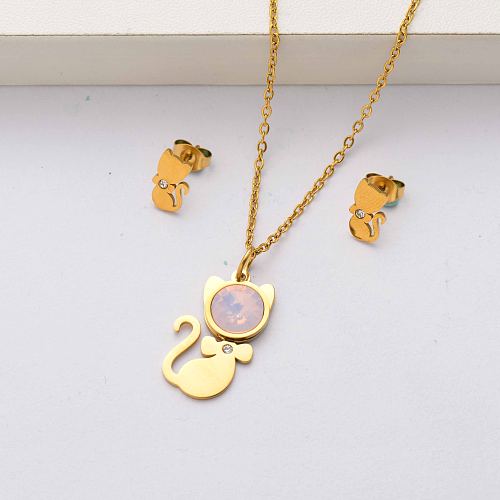 Cat crystal 18k gold plated stainless steel jewelry sets for women-SSCSG143-34492