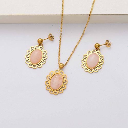 Natural stone 18k gold plated stainless steel jewelry sets for women-SSCSG143-34480