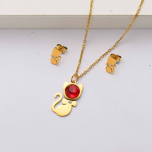 Cat crystal 18k gold plated stainless steel jewelry sets for women-SSCSG143-34508