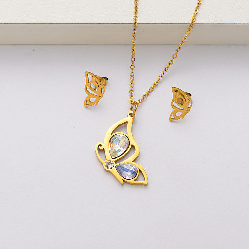 Butterfly crystal 18k gold plated stainless steel jewelry sets for women-SSCSG143-34435