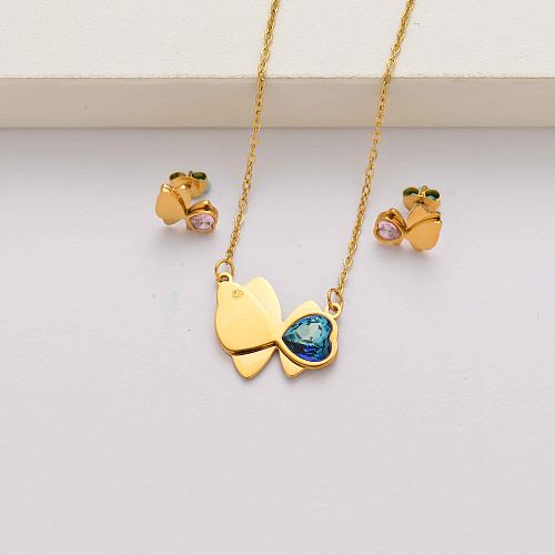 أطقم مجوهرات من الفولاذ المقاوم للصدأ مطلية بالذهب عيار 18 قيراط على شكل قلب فراشة للنساء- SSCSG143-34597