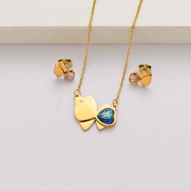 Conjuntos de joias em aço inoxidável banhado a ouro 18k de cristal borboleta em forma de coração para mulheres-SSCSG143-34597