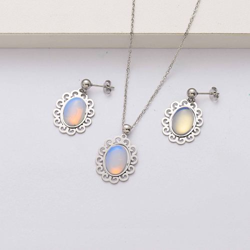 Conjuntos de joyas de piedra natural de acero inoxidable para mujer-SSCSG143-34479