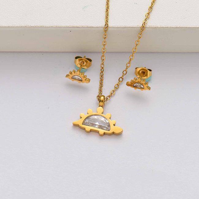 Conjuntos de joias em aço inoxidável banhado a ouro de cristal de dinossauro 18k para mulheres-SSCSG142-34619