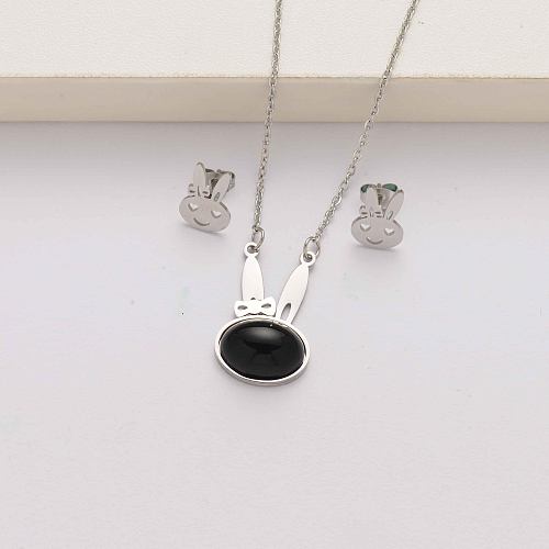 Conjuntos de joias de aço inoxidável da moda em ônix de coelho para mulheres-SSCSG143-34589