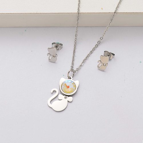 Conjuntos de joyas de acero inoxidable con cristales de gato para mujer-SSCSG143-34518