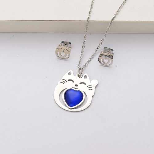 Conjuntos de joyas de acero inoxidable con piedra natural de gato para mujer-SSCSG143-34556