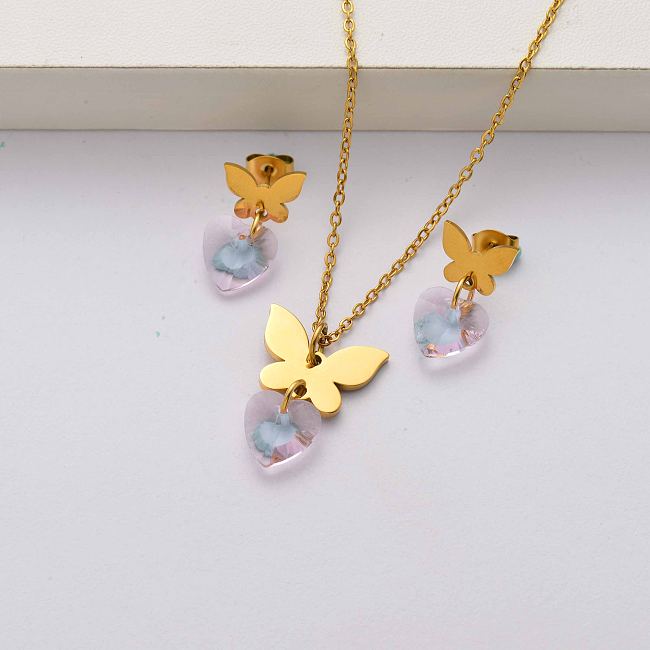 Conjuntos de joyas de mariposa de acero inoxidable chapado en oro de 18 quilates para mujer-SSCSG143-34461