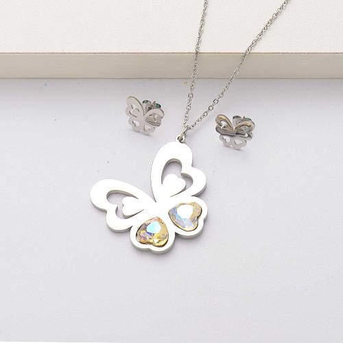Conjuntos de joyas de acero inoxidable con cristales de mariposa para mujer-SSCSG143-34566