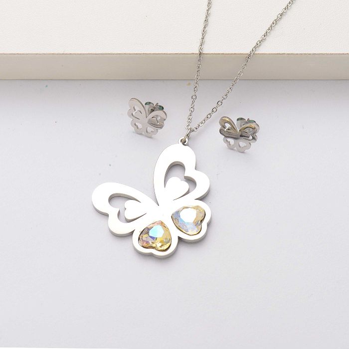Conjuntos de joias de cristal borboleta de aço inoxidável para mulheres-SSCSG143-34566