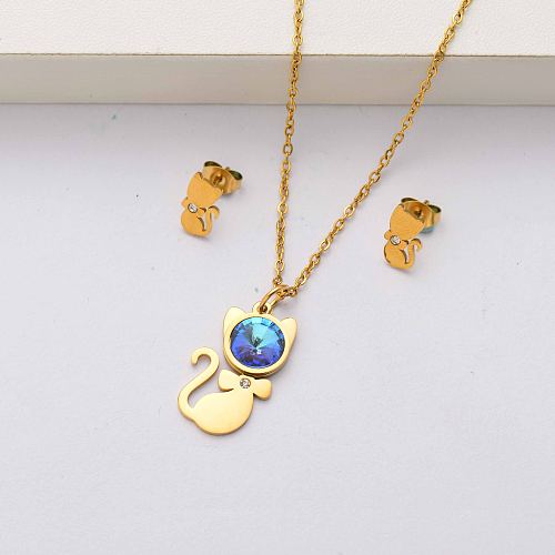 Cat crystal 18k gold plated stainless steel jewelry sets for women-SSCSG143-34493