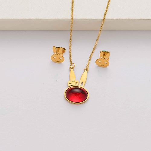 Rabbit natural stone 18k gold plated stainless steel jewelry sets for women-SSCSG143-34585