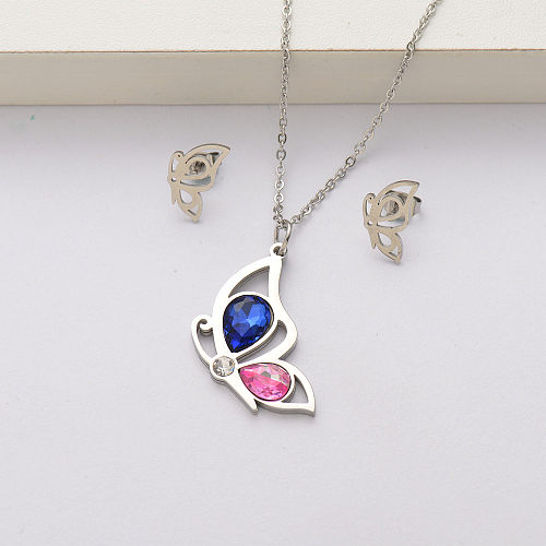 Butterfly crystal stainless steel necklace sets for women-SSCSG143-34430
