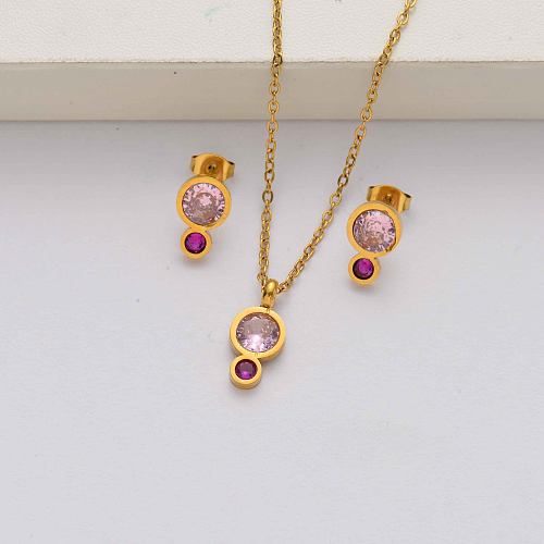 Conjuntos de joyas de acero inoxidable chapado en oro de 18k con piedra natural para mujer-SSCSG142-34620
