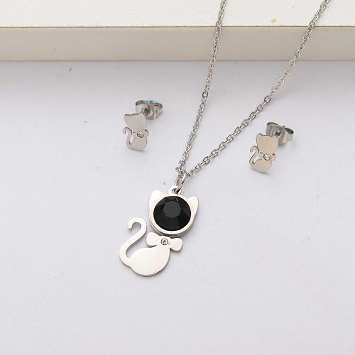 Conjuntos de joyas de acero inoxidable con ónix de gato para mujer-SSCSG143-34529