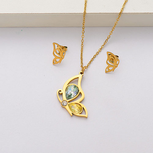 Butterfly crystal 18k gold plated stainless steel jewelry sets for women-SSCSG143-34440
