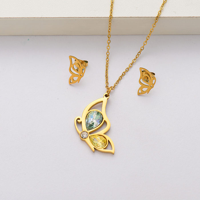 Conjuntos de joyas de acero inoxidable chapados en oro de 18 quilates con cristales de mariposa para mujeres-SSCSG143-34440