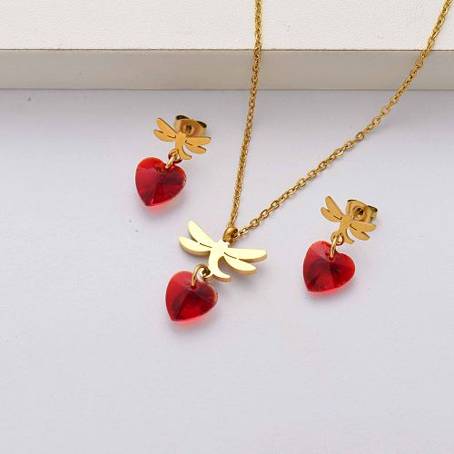 Dragonfly crystal 18k gold plated stainless steel jewelry sets for women-SSCSG143-34452