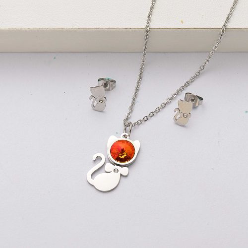 Conjuntos de joyas de acero inoxidable con cristales de gato para mujer-SSCSG143-34523