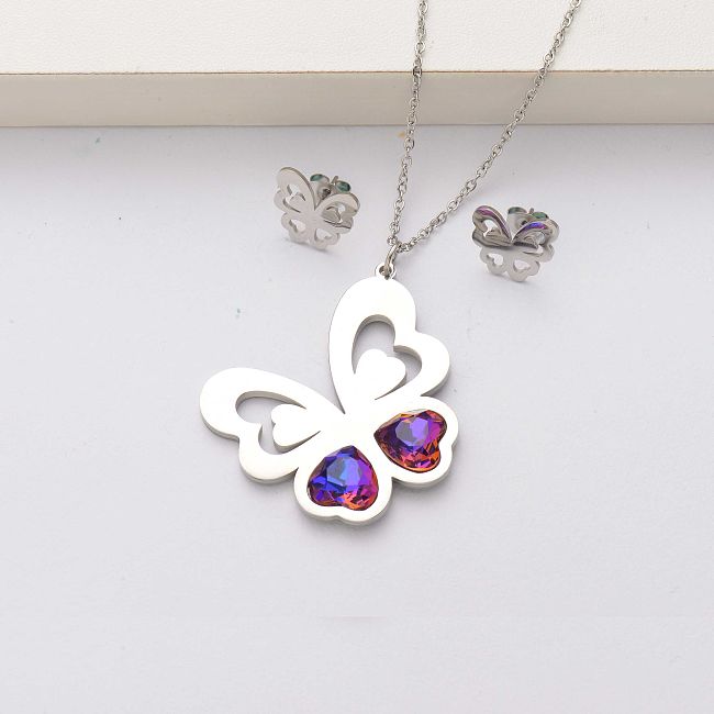 Conjuntos de joias de cristal borboleta de aço inoxidável para mulheres-SSCSG143-34565
