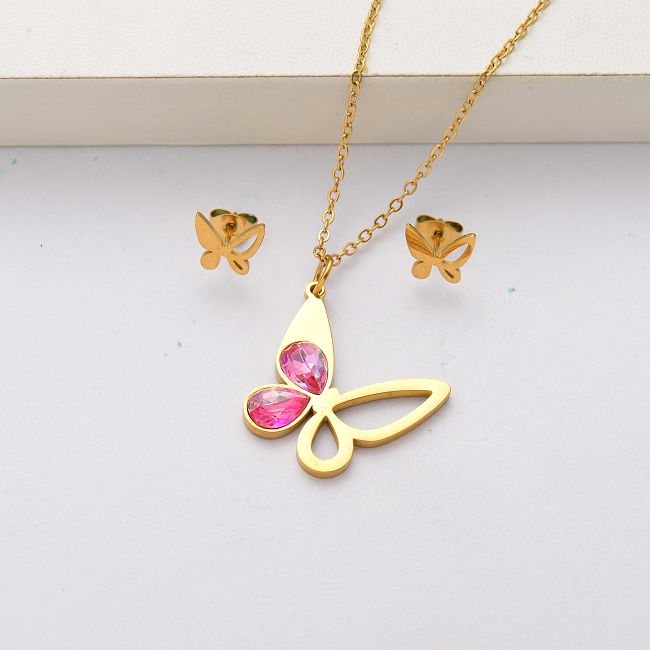 Conjuntos de joyas de acero inoxidable chapados en oro de 18 quilates con cristales de mariposa para mujeres-SSCSG143-34549