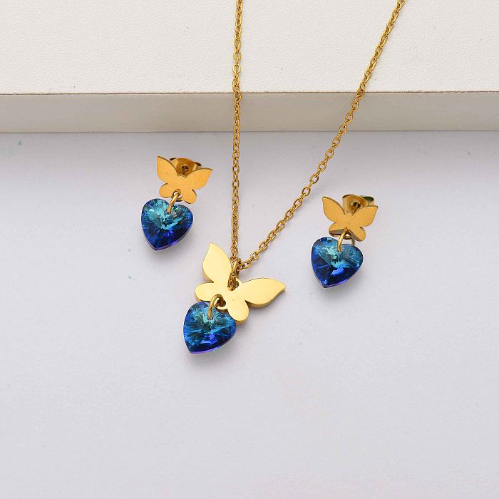 Conjuntos de joyas de mariposa de acero inoxidable chapado en oro de 18 quilates para mujer-SSCSG143-34463