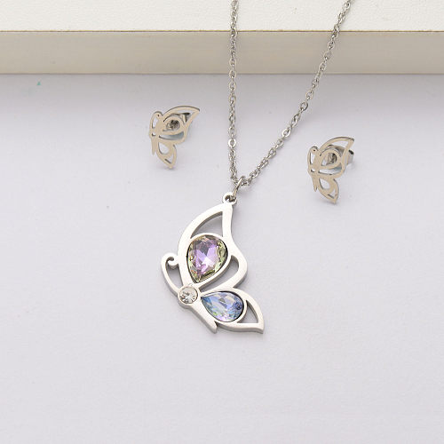 Conjuntos de collar de acero inoxidable con cristal de mariposa para mujer-SSCSG143-34429