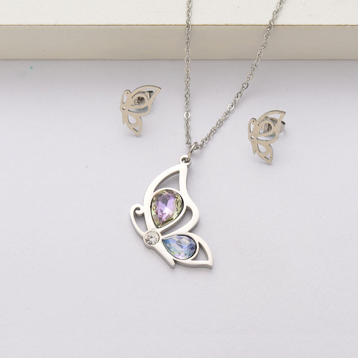 Butterfly crystal stainless steel necklace sets for women-SSCSG143-34429
