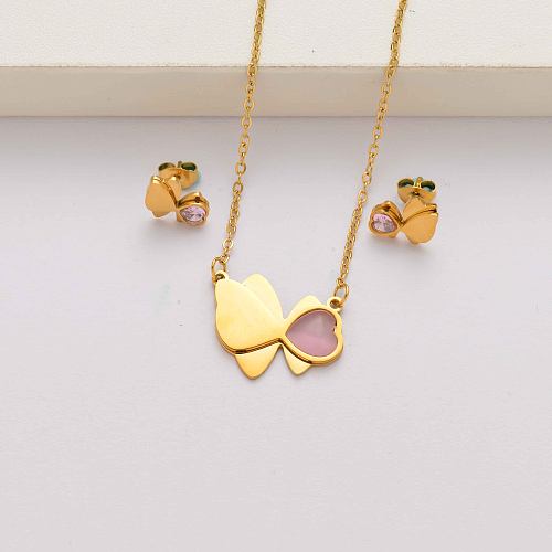 Corazón mariposa cristal 18k chapado en oro conjuntos de joyas de acero inoxidable para mujeres-SSCSG143-34603