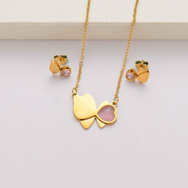أطقم مجوهرات من الفولاذ المقاوم للصدأ مطلية بالذهب عيار 18 قيراط على شكل قلب فراشة للنساء- SSCSG143-34603