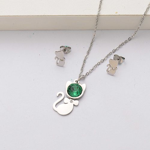 Conjuntos de joyas de acero inoxidable con cristales de gato para mujer-SSCSG143-34534