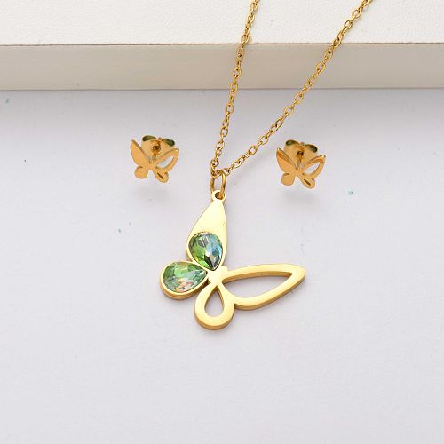 Butterfly crystal 18k gold plated stainless steel jewelry sets for women-SSCSG143-34550