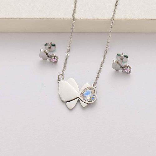 Conjuntos de joyas de acero inoxidable con cristal de mariposa en forma de corazón para mujer-SSCSG143-34611