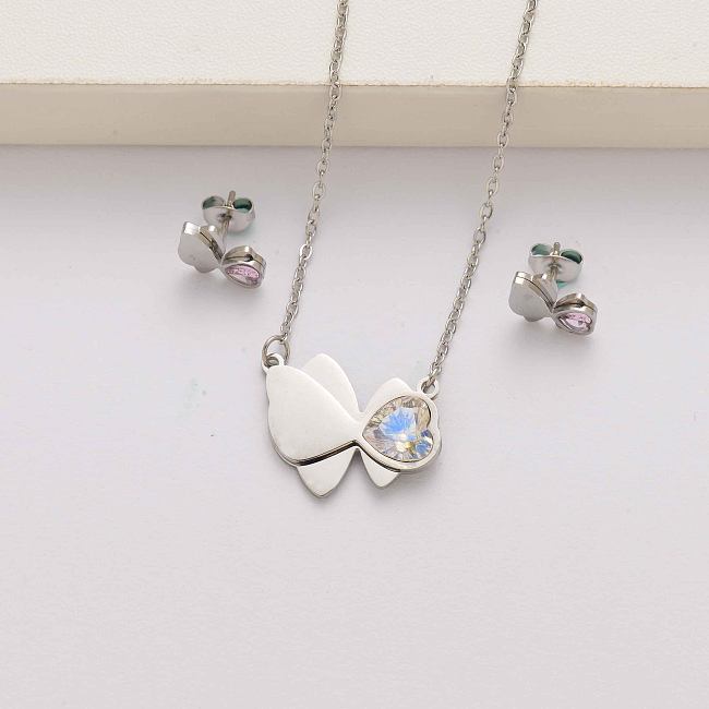 Heart butterfly crystal stainless steel jewelry sets for women-SSCSG143-34611