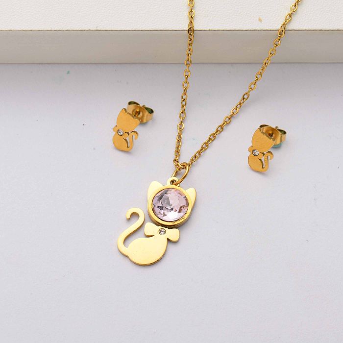 Ensembles de bijoux en acier inoxydable plaqué or 18 carats en cristal de chat pour femmes-SSCSG143-34512