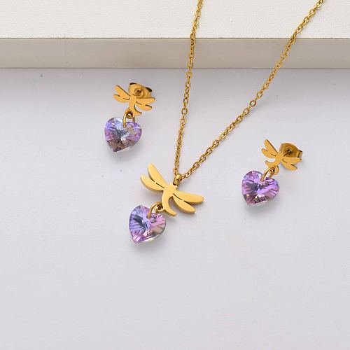 Dragonfly crystal conjuntos de joyas de acero inoxidable chapado en oro de 18 quilates para mujeres-SSCSG143-34453