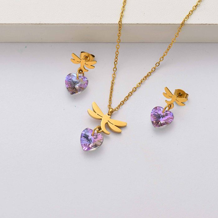 Dragonfly crystal 18k gold plated stainless steel jewelry sets for women-SSCSG143-34453