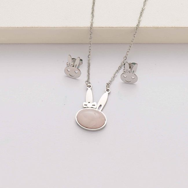 Conjuntos de joyas de acero inoxidable de moda de piedra natural de conejo para mujeres-SSCSG143-34591