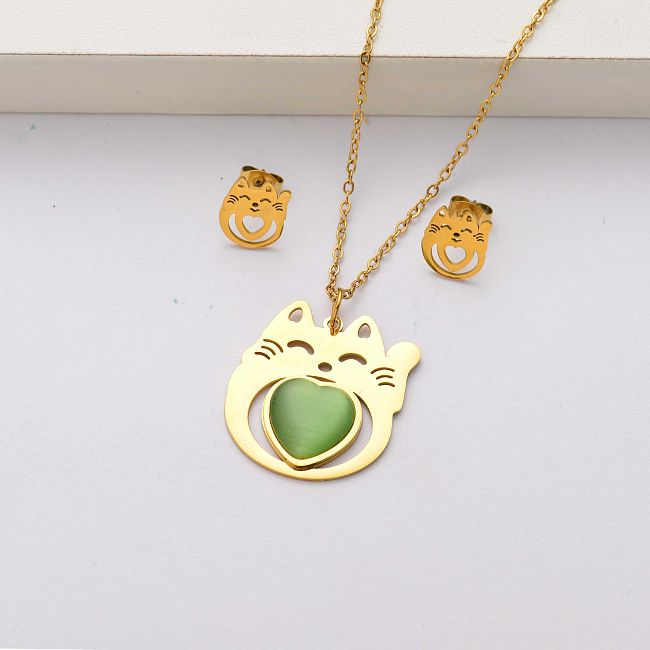 Ensembles de bijoux en acier inoxydable plaqué or 18 carats en pierre naturelle de chat pour femmes-SSCSG143-34560