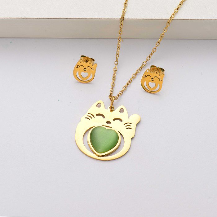 Ensembles de bijoux en acier inoxydable plaqué or 18 carats en pierre naturelle de chat pour femmes-SSCSG143-34560